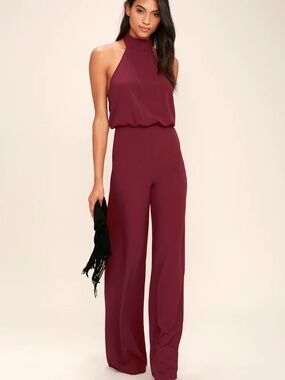 Lulus Moment For Life Wine Red Halter Jumpsuit